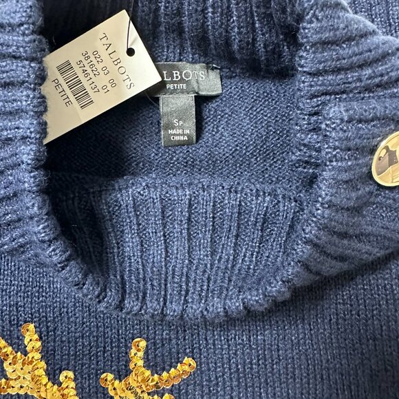 NEW | Talbots Blue Mockneck Sequin Reindeer Sweater NWT | S Petite | Holiday - Picture 9 of 13